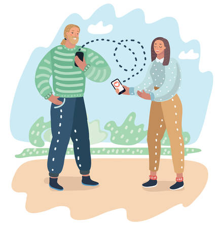 Dating application on mobile phone as concept. Couple of guy and girl is sending each other to smartphone a love message online. Vecto r cartoon illustration of men and woman in modern conceptのイラスト素材