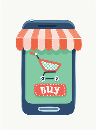 Vector cartoon illustation of Mobile phone store concept. Awning. Striped red and white sunshade on it. Supermarket cart and buy button on display. Object on white background.のイラスト素材