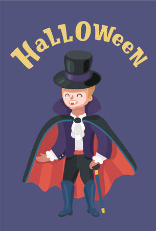 Little boy dressed up as a vampire with cylinder. Kid wearing in dracula costume holding cane or walking stick. Halloween. Vector cartoon illustration in modern conceptのイラスト素材