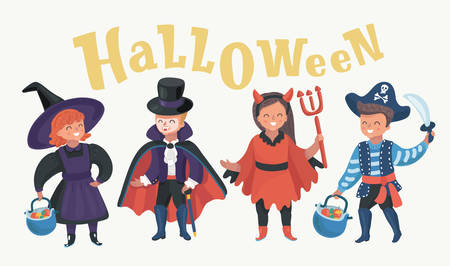 Happy brothers and two sisters on Halloween. Funny kids in carnival costumes indoors. Cheerful children play with pumpkins and candy. Halloween lettering above. Kids characters on white background.のイラスト素材