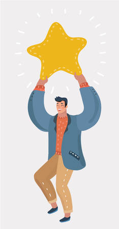 Vector cartoon illustration of man holding a big golden star. Winner becoming a reward, a metaphor for success.のイラスト素材