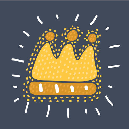 Vector cartoon fun illustration of childlike drawing of golden crown on dark bakcground. Hand drawn sketch concept.のイラスト素材