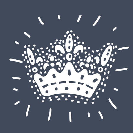Vector cartoon illustration of hand drawn white crown on dark background.のイラスト素材