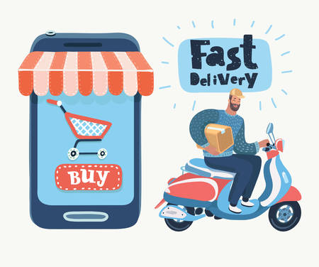 Man courier worker riding scooter-motorbike. Fast delivery. Guy riding moped and holding box. Vector cartoon illustration in modern conceptのイラスト素材