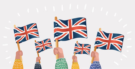 Vector cartoon illustration of crowd. Human hands Hold English Great Britain Flags. Cebration, demonctration, fands. Object on isolated background.のイラスト素材