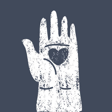 Vector cartoon illustation of Heart in open human palms. Black vintage concept isolated on a dark background. For poster and card.のイラスト素材