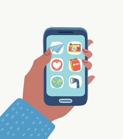 Vector cartoon illustration of Hand holding black smartphone with icon app on display. Object on white background in modern style.のイラスト素材