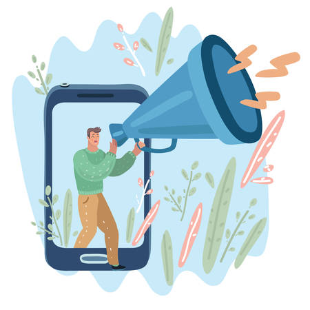 Vector cartoon illustration of business promotion, advertising, smm, web marketing call through the horn, online alerting. Man walk out from screen with big megaphone, giant loudspeaker.のイラスト素材