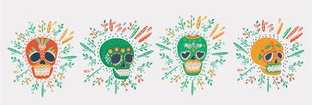 Vector cartoon illustration of Day Of The Dead Skull on white background. Colorfull collection of funny objects floral decorated.のイラスト素材