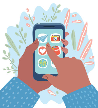 Vector cartoon illustration of hands with smartphones with apps on screen. Online shopping, mobile payment, pay with smartphone, shopping basket modern concepts for web banners, web sites, infographics.のイラスト素材