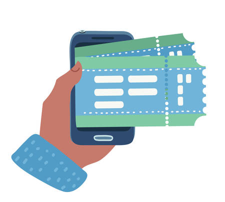 Vector cartoon illustration of f human hand hold mobile phone's screen holds an tickets. Modern...