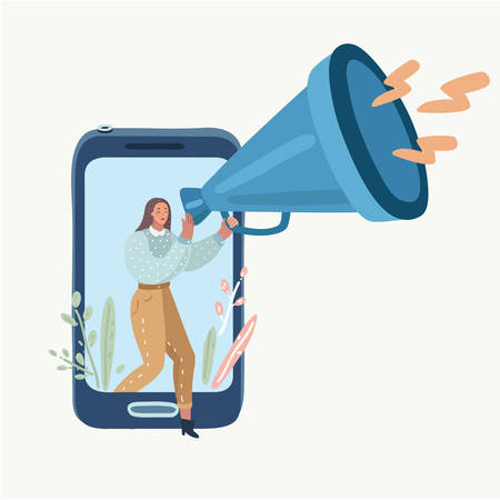 Vector cartoon illustration of online advertising concept, smm and online marketing. Woman with megaphone walking out of the screen and speaking to people on white background.のイラスト素材