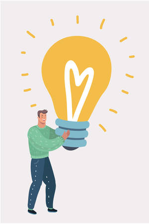 Vector cartoon illustration of man hold a big light bulb. Giant good idea. Concept of business success, solution.のイラスト素材