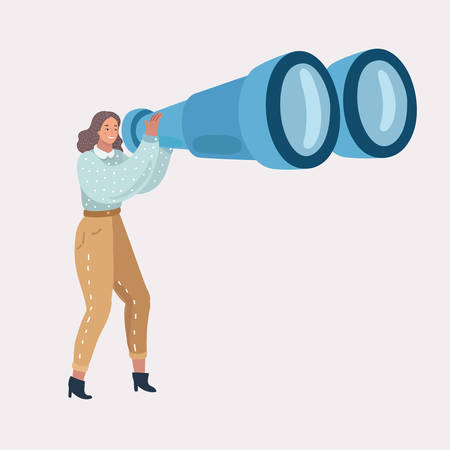 Vector cartoon illustration of woman hold giant big binocular on white background.のイラスト素材