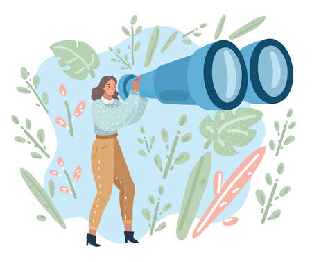 Happy tourist woman looking through big binoculars far ahead. Young lady is traveling with field glasses. Vector cartoon illustration in modern conceptのイラスト素材