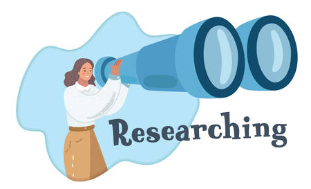 Vector cartoon illustration of Beautiful woman watching through big giant binoculars. Researching concept.のイラスト素材