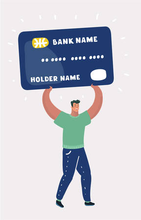 Vector cartoon illustration of Happy man carry giant big credit card. Debt concept. Human character...