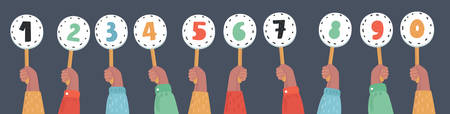 Vector cartoon funny illustration of hands holding score cards. Numbers set in different colors.のイラスト素材