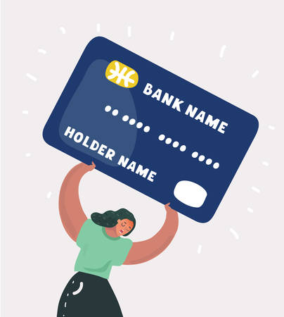 Vector cartoon illustration of woman c drowning with heavy credit card debt concept. Suffering lady on white bacground.のイラスト素材