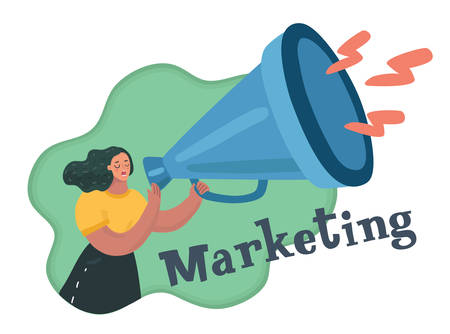 Vector illustration of a beautiful girl holding a loudspeaker. Happy woman's face with a megaphone telling a news. Marketing concept.のイラスト素材