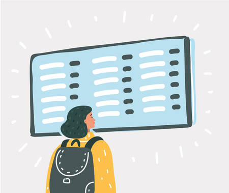 Vector cartoon illustration of Young woman waiting for a flight at the airport. Passenger standing at the airport and look at departure board.のイラスト素材