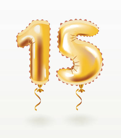 Vector cartoon illustration of Golden number fifteen metallic balloon. Party decoration golden 15 inflatable shape. Anniversary sign for happy holiday, celebration, birthday, carnival, Metallic design balloon.のイラスト素材