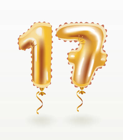 Vector cartoon illustration of Sample greeting card to the 17 th anniversary. Air 3D numbers shape inflatable Invitation card to the party with balloons on a white background.のイラスト素材