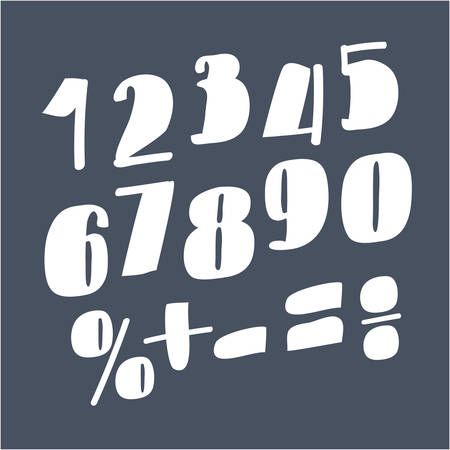 Vector cartoon illustration of whiet funny numbers, isolated on the dark background. Division, exclamation point, multiplication, percent, equals, minusのイラスト素材