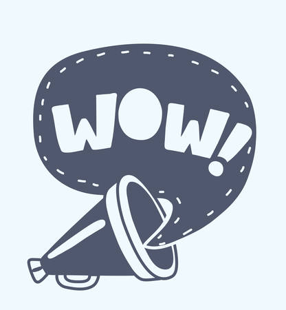 Vector cartoon illustration of Megaphone on white bakcground. Black object and bubble speech. Wow inside.のイラスト素材