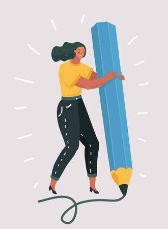 Vector illustration of woman hold big pencil and drawingg. Hand writing prosess. Creative girl. Human character on white isolated background.のイラスト素材