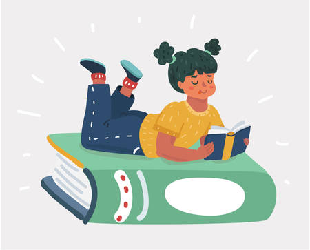 Vector cartoon illustration of Small kid holding open books and reading. Human character on white bakcground.のイラスト素材