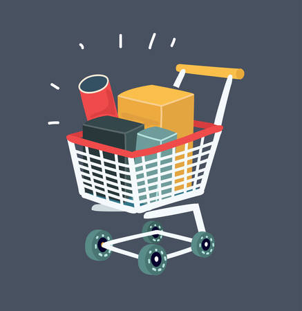Vector cartoon illustration of Trolley full of products in supermarket. Object on dark bakcground.のイラスト素材