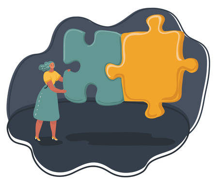 Vector cartoon illustration of woman, who put together Two pieces of puzzle. Human female character on dark bakcground. Slutuon, solution to the problem, creative prosses concept.のイラスト素材