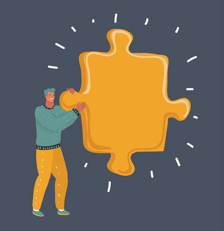 Vector cartoon illustration of men holding Giant big puzzle part. Human character on dark background.のイラスト素材