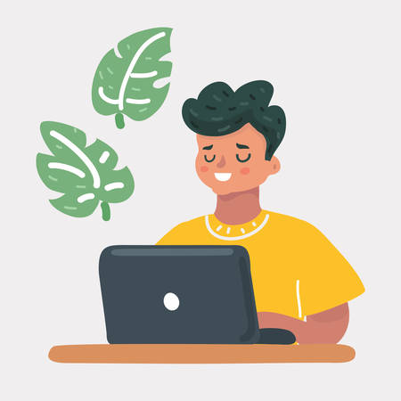 Vector cartoon illustration of child, studying by online learning with laptop. Education and technology games and security concept. Human character on white background.のイラスト素材