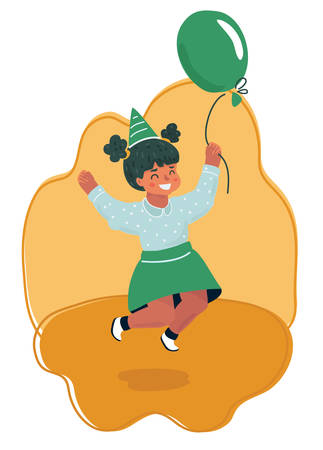 Vector cartoon illustration of Birthday Litlle Girl jump with air ballon in her hands. Kids in party hat.のイラスト素材