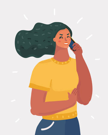 Vector cartoon illustration of Woman talking on the phone. Female human character on white backgorund.のイラスト素材
