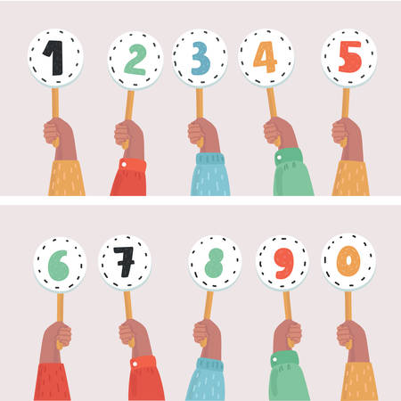Vector cartoon illustration of human hands holding score cards. Numbers set in different colors.のイラスト素材