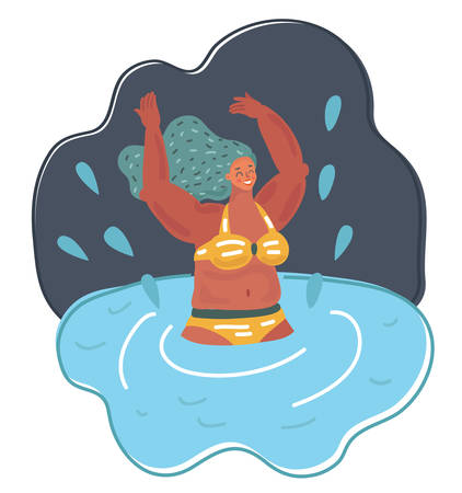 Vector cartoon illustration of Young woman joy in the summer vacation, rest and relaxation swim and splash at the water in the nightのイラスト素材