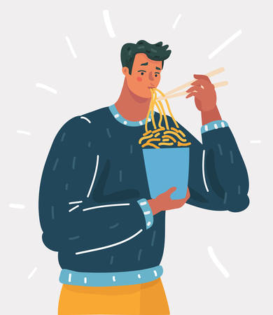 Vector cartoon illustration of man with noodle wok Chinese food box. Hands of man holding chopsticks. Human character on white background.のイラスト素材