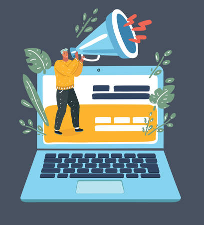 Vector cartoon illustration of tiny man with megaphone. Big laptop on dark bakcground.のイラスト素材