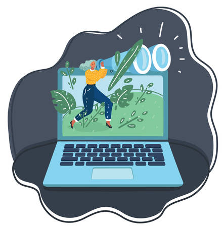 Vector cartoon illuatration of tiny woman holding big binacular and looking through big laptop notebook at dark bakcground.のイラスト素材