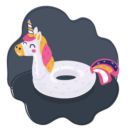 Vector cartoon illustration of swim rubber on dark background. Inflatable rubber toy. Lifebuoy colorful. Unicorn.のイラスト素材