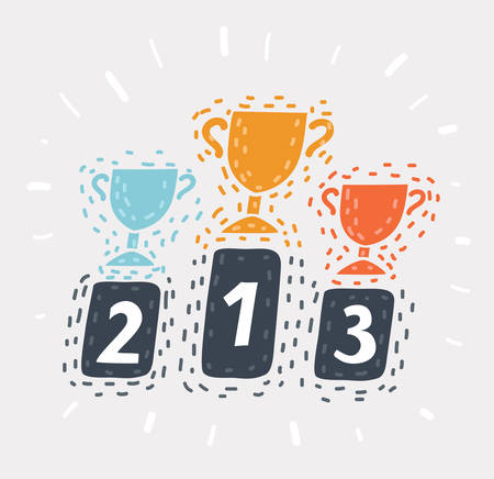 Vector cartoon illustration of thophy. Gold, silver, bronze. The winning podium. Showing an award First, second, thrid place. Object on isolated background.のイラスト素材