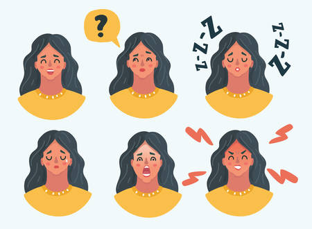 Vector cartoon illustration of Set of girl woman facial emotions. Different female emotions set. Woman emoji character with different expressions.のイラスト素材