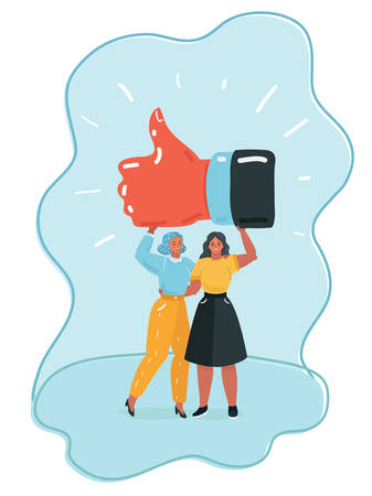 Vector cartoon illustration of Happy young woman holding a blank / empty sheet of white paper or board and gesturing thumbs up sign. Human emotion & body language concept illustration in vector cartoon flat style.のイラスト素材