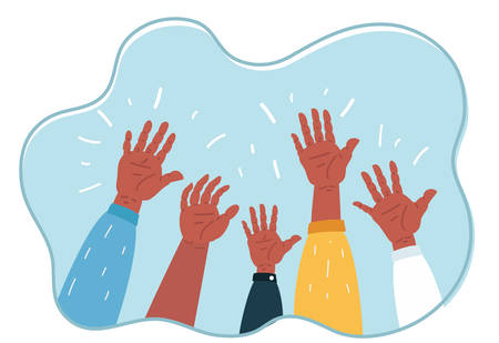 Vector cartoon illustration of Concept of raised up hands. Concept of education and celebration....