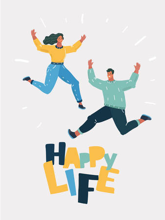 Vector cartoon illustration of Full length portrait of a cheery young couple jumping together on white background.のイラスト素材