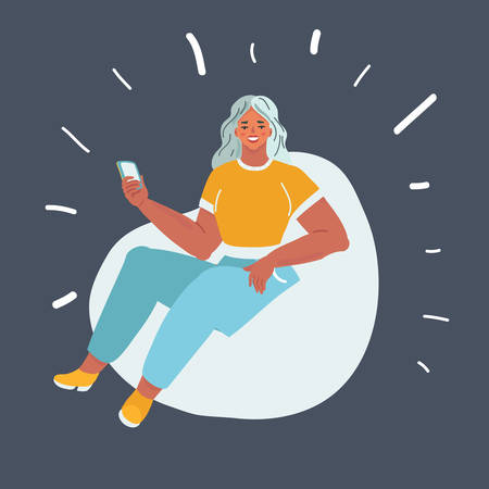 Vector cartoon illustration of woman sitting on beanbag chair on dark background.のイラスト素材