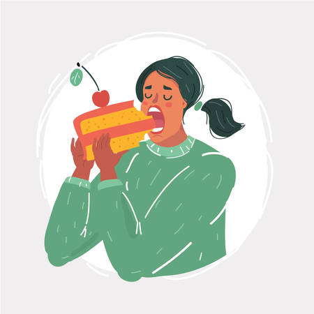 Cartoon vector illustration of woman taking a huge bite out of big cake.